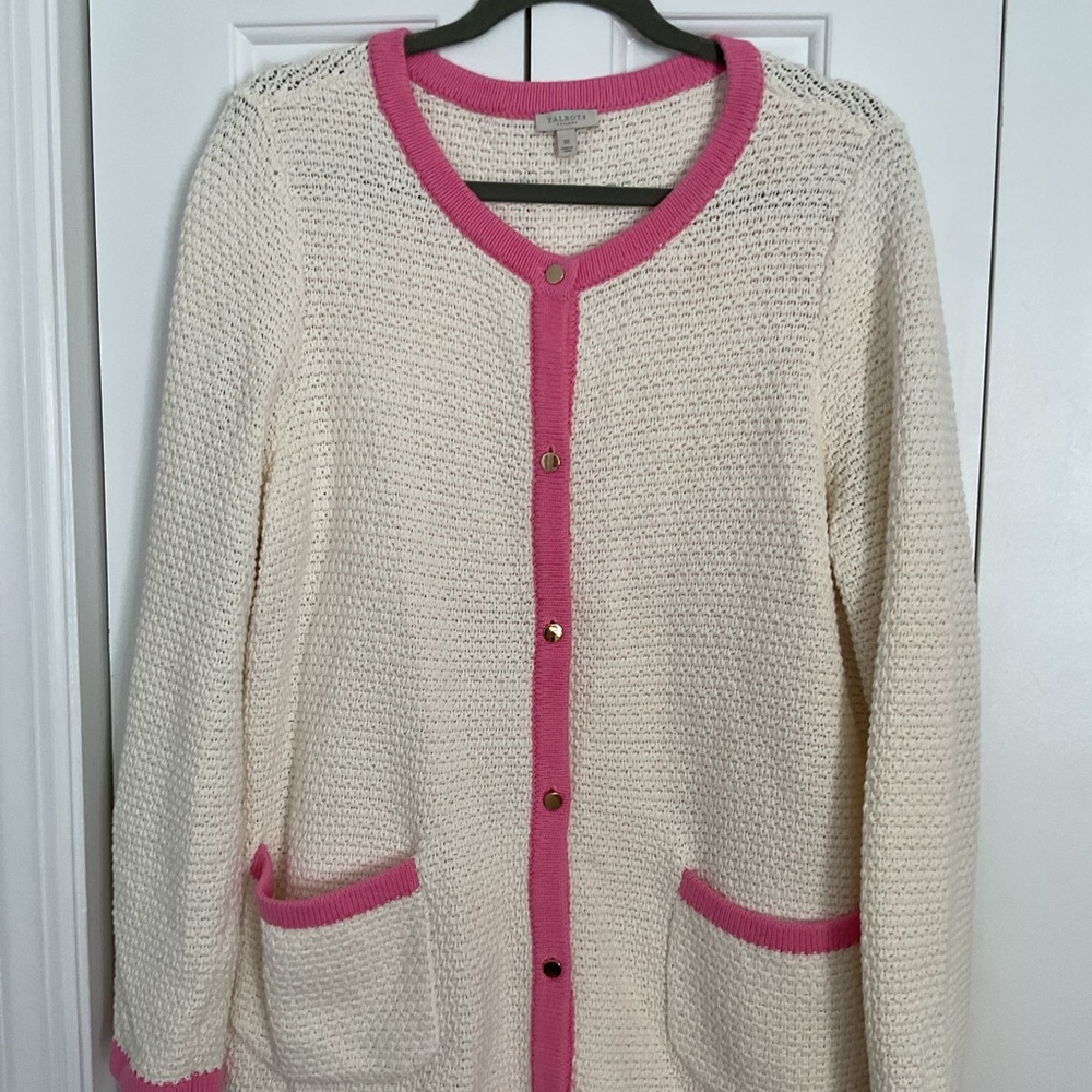 Talbots Cream Knit Cardigan with Pink Trim 1X